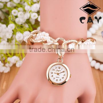 2016 Fashion gold charm watch bracelet,pearl chain wristwatch