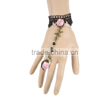 Lovely Pink Flower Women Black Lace Bracelet Alloy Bowknot Chain with Ring