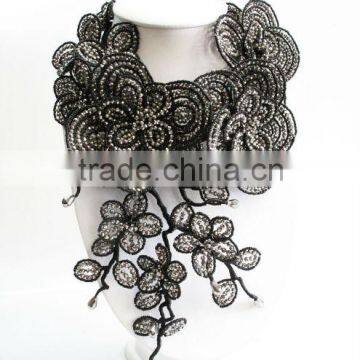 Elegance Silver Metallic and Bead Flower Stone Necklace Costume Beadwork