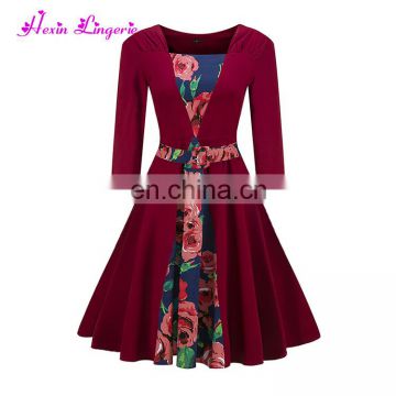 Top Selling dark red flower printed 100 cotton autumn chinese dress long sleeve