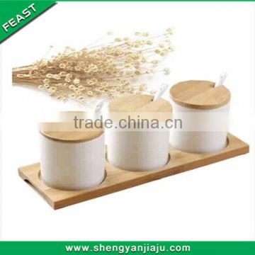 hot sell super white ceramic cruet set with bamboo tray
