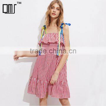 Cute ruffled hem self tie dress, ladies red cotton sleeveless dress