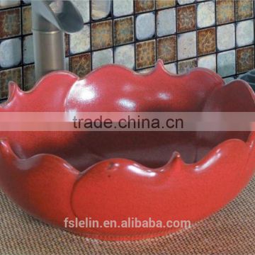 Handpainted ceramic art basin colorful countertop round sink porcelain flower edge bowl vanity top GD-F05