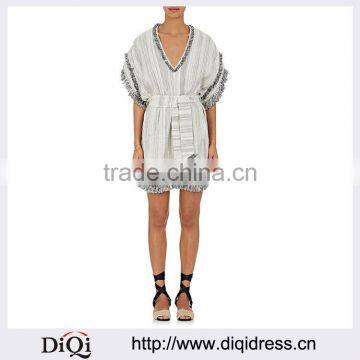 Customized Lady Apparel V-neck Fringe Hem Striped Linen-cotton Dress(DQM013D)