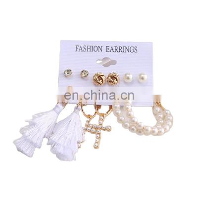 Ruan bo 2021 Wish selling pearl hoop earrings frosted diamond stud earrings suit