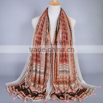 new design fashion geometry printed tassel scarf cotton voile autumn shawls women pure muslim scarves/ pashmina