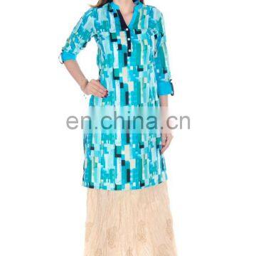 Beautiful Lady Kurti 100% Cotton Fabric Rolled up Sleeve Knee Length Net Design Kurtis Lady Kurti Manufacturer India
