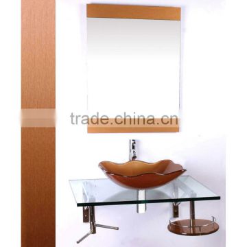 High Quality Tempered Wall Hung Glass Wash Sink, Coffe Color Glass with Stainless Steel Holder
