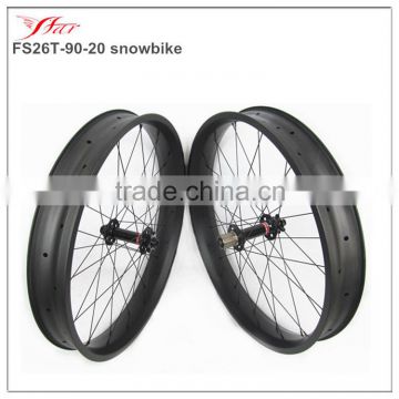 2016 snow bike wheels 90mm wide 25mm deep clincher rims hookless, 26er carbon clincher wheels for fatbike 32H/32H thru axle