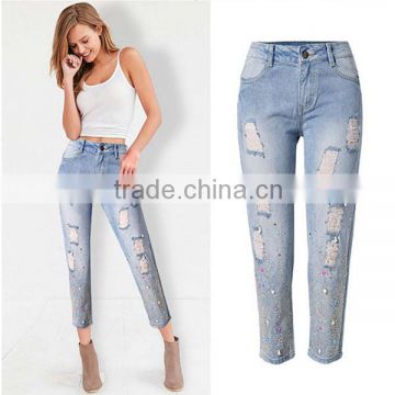 2016 Summer Fashion Women Ankle Length Pant Jeans Ladies Rhinestone Sequined Fancy Ripped Skinny Three Quarter Denim Pants