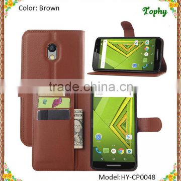 Brown Litchi Pattern Wallet Card Stand Cover Holster Magnetic Flip Folio Case For Motorola X Play