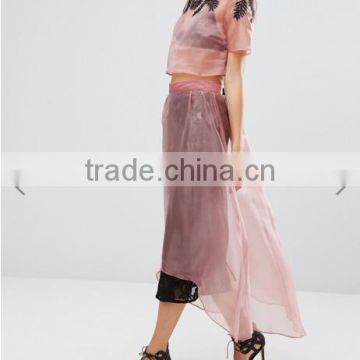 Guangzhou Fashion Clothing OEM Pink Undertone Embroidered Detail Sexy Organza Crop Top Prom Dress
