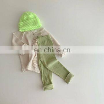 Casual autumn winter kids 2 pcs outfits waffle top and rib pant boys clothing sets