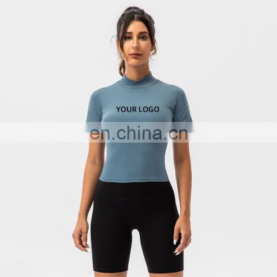 Wholesale New High Neck Slim Fit Sport Yoga Shirt Ladies Gym Fitness Wear Short Sleeve Top Sweat-Wicking Crop Tracksuit