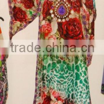 DIGITAL PRINTED LONG KAFTAN DRESS, HIGHLIGHTED WITH BEADS WORK AT NECK JEWELRY.