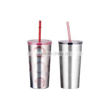 500ml stainless steel Inner plastic outer steel double layer cup with straw