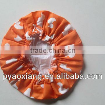 Factory supply best orange and white dots printed environmently friendly shower caps or hats for hotel and home,etc.