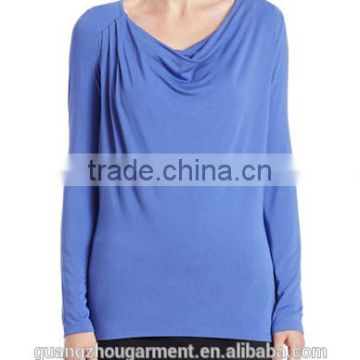 2015 simple stylish Pleated Cowl neckline drape neck long sleeve blouse for mature women guangzhou clothing manufacturer