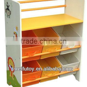 Kids wooden shelf with boxes