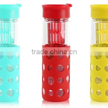 colorful glass water bottle with food grade silicone sleeve and BPA free PP lid