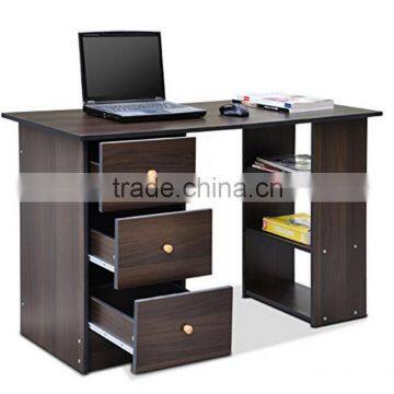 wooden computer desk with bookshelf and drawers