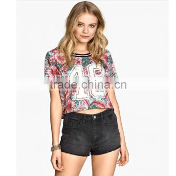 2015 Hot sale fashion ladies short sleeves flower print 100%cotton T-shirt