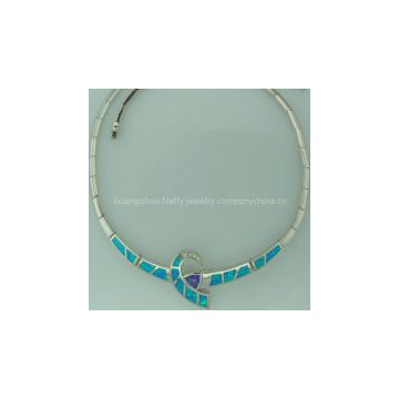 925 STERLING SILVER NECKLACE WITH SYNTHETIC OPALS, AMETHYST & DIAMOND CZ