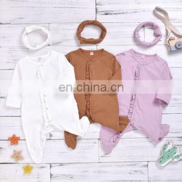 Autumn new girls pure cotton pure color ruffled one-piece foot-wrapped trousers climber head flower
