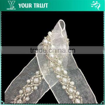 Diamone Shape Silver Bead White Pearl White Organza Trimming