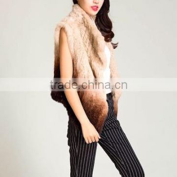 2016/2017 Newest Design Women Winter Gradient Color Knitted Rabbit Fur Vest with Sleeveless and Wide Lapels
