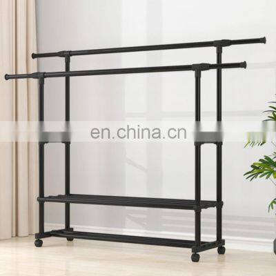 Single Bar Double Pole Metal Black Coating telescopic and adjustable clothes hanger with shoe rack