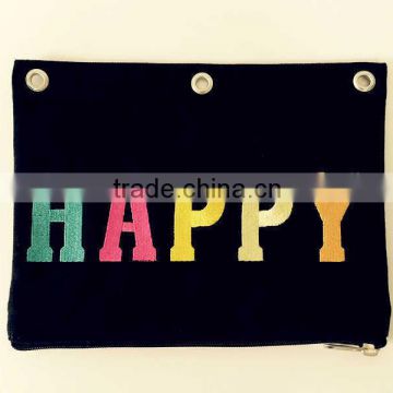 Osini custom colorful 3-ring binder Letters embroidery canvas pen pouch pencil case traving bag for school &office & girl