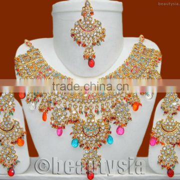 Bollywood Gorgeous Kundan Beautiful Meena Patti Multicolored Necklace Set E34
