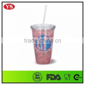 16 oz Insulated plastic glitter tumbler mug with straw and customized logo