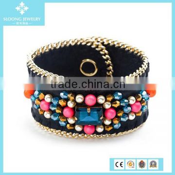 Fashionable Design Healthy Black Goatskin Leather With Pearl Red Crystal Bracelet