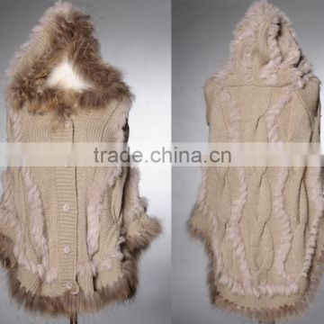 YR385 Real rabbit poncho/ raccoon fur poncho/ knitted fur shawl with raccoon trim