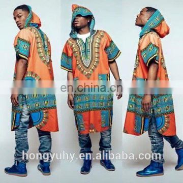 C4084 African Hippie Style Short Sleeve Hoddie Dashiki Long Shirt for Men
