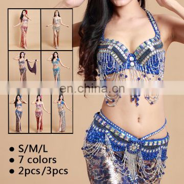Egyptian new bright fabric 3pcs belly dance costumes with bra and belt and skirt set