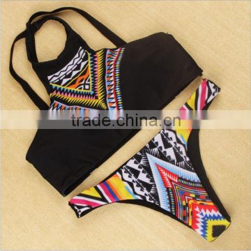 2016 New Fashion Women Bikinis High Neck Push up Bikini Set Geometry Black Swimwear Slim Print Swimsuit Biquini Bathing Suit