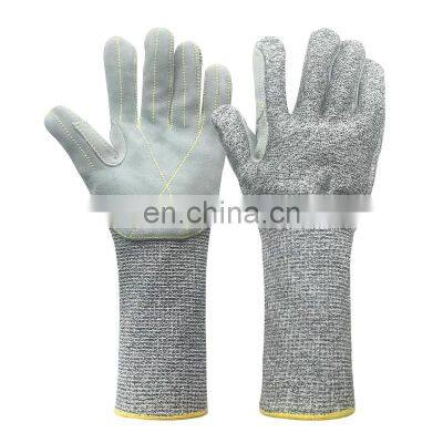 Extra Long EN388 Cut Level 5 HPPE Cut & Anti-Slip Tear Puncture Abrasion Resistant Gloves with Cow Leather on Palm