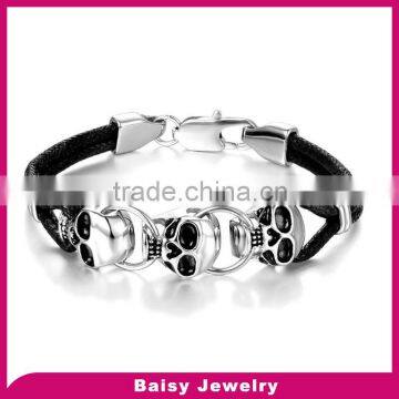 popular style stainless steel fashion men skull leather bracelet