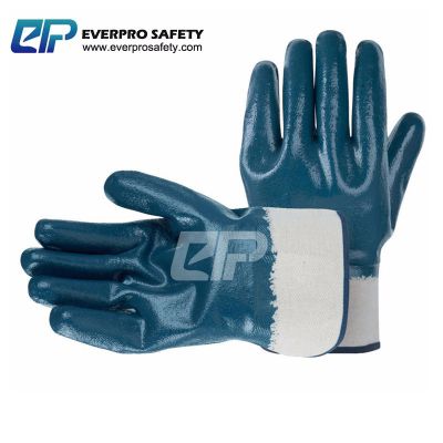 Cotton Jersey Liner Safety Cuff Nitrile Rubber Coated Heavy Duty Gloves