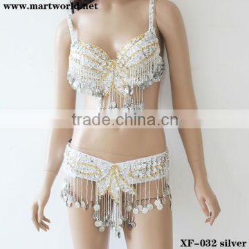 silver dance clothing with crystal beads sequins and coins(XF-032 silver)