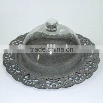 100060F-1- Antique Grey Metal and Glass Dome Holder