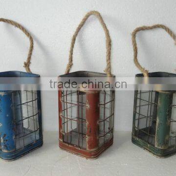 indoor shabby square metal garden lantern candle holders with rope handle