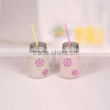 new design frosted glass mason jar with purple flower decal