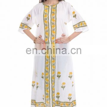 Indian Cotton Handmade Block Printed Bhopali Kaftan Kimono Sleeves Poncho Loose Dress From India