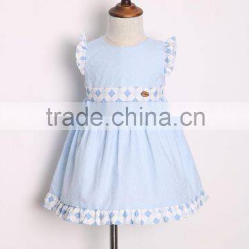 2016 Latest design sky blue fancy dress lovely girls dress baby dress with plaid design