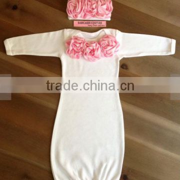 Newborn Girl white cotton Outfit Couture White Sleeper Gown Matching Beanie with Pink Satin Rosettes Dress