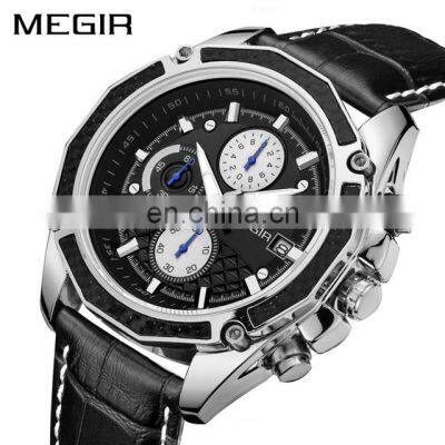 MEGIR 2015 Popular casual men fashion quartz day showed leather strap hot sale design wrist watch luxury waterproof